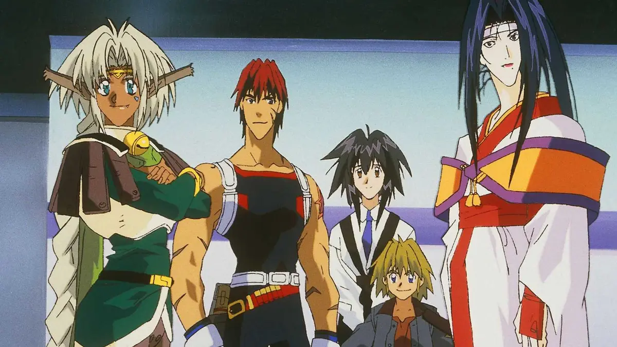 Aisha Clancan, Gene Starwind, Suzuka, and James Hawking in Outlaw Star.