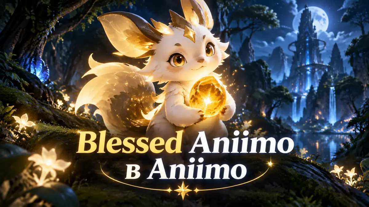 Светящееся существо Blessed Aniimo с янтарём Lumen Amber в тёмном волшебном лесу мира Aniimo