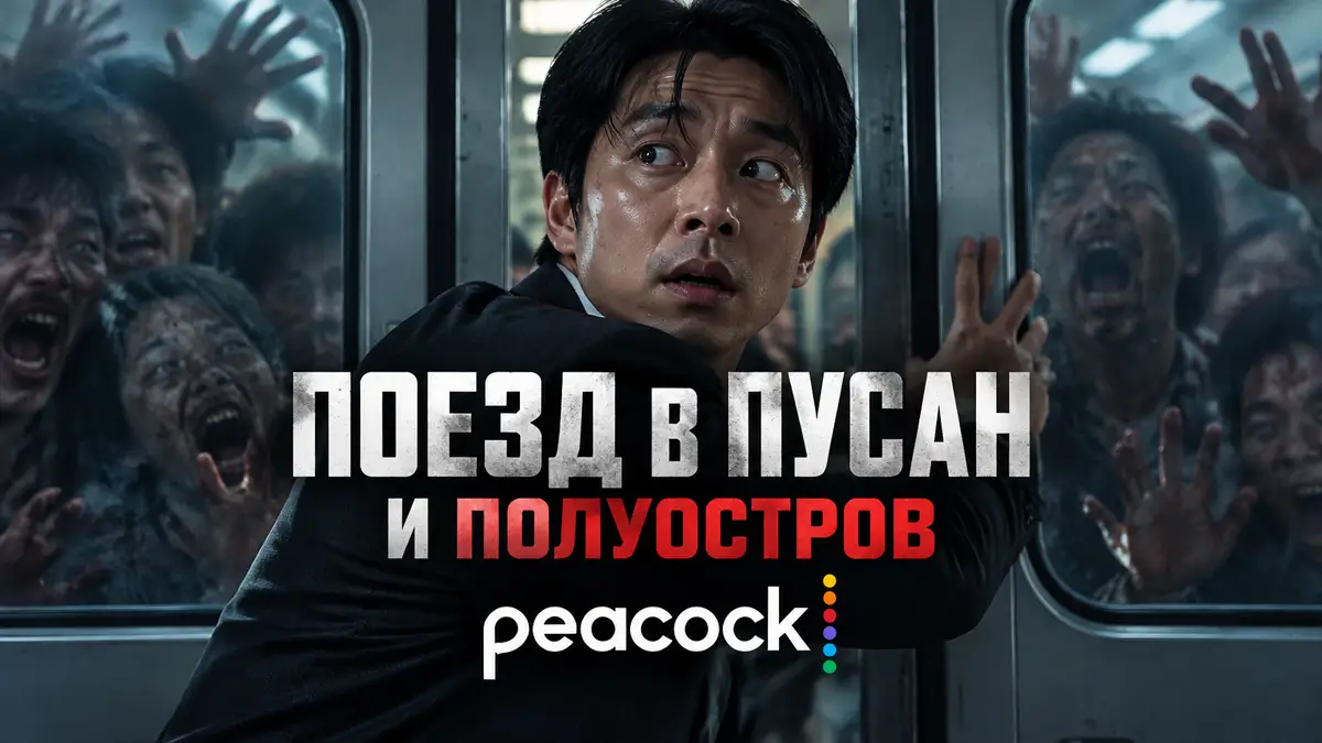 Постер в стиле «Поезд в Пусан»: напряжённый Гон Ю у дверей вагона скоростного поезда, толпа зомби за стеклом