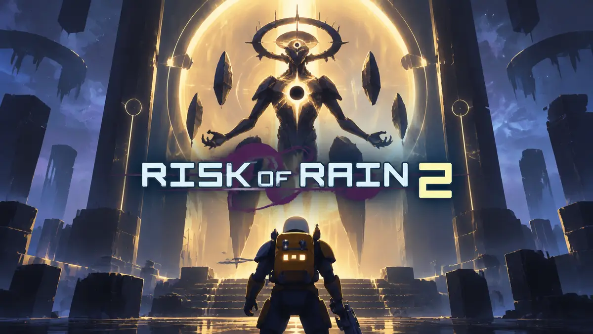 Providence, финальный босс Risk of Rain, перед огромными вратами в мрачном храме, стиль Risk of Rain 2