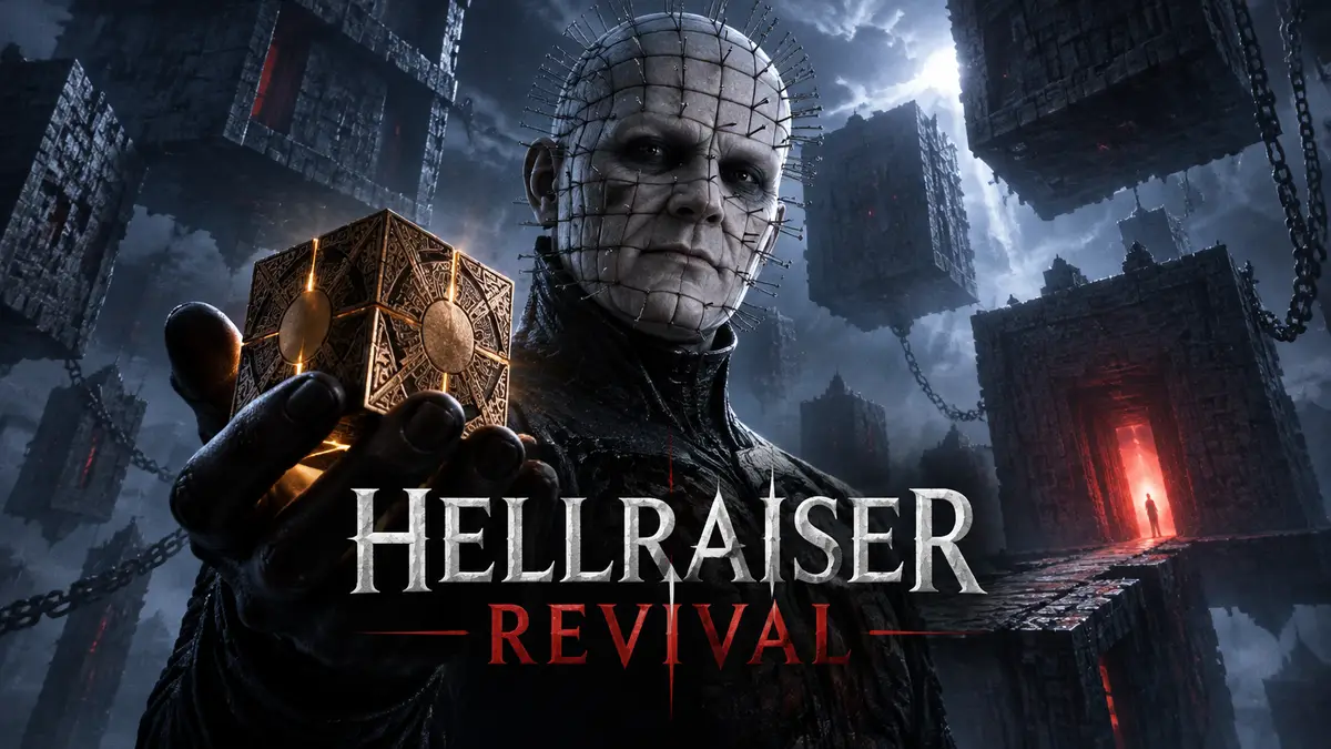 Пинхед в новом облике Адского жреца из Hellraiser: Revival на фоне мрачного Лабиринта и логотипа игры