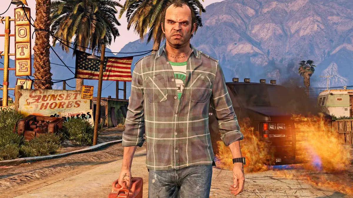 Grand Theft Auto 5 Trevor walks away from a fire