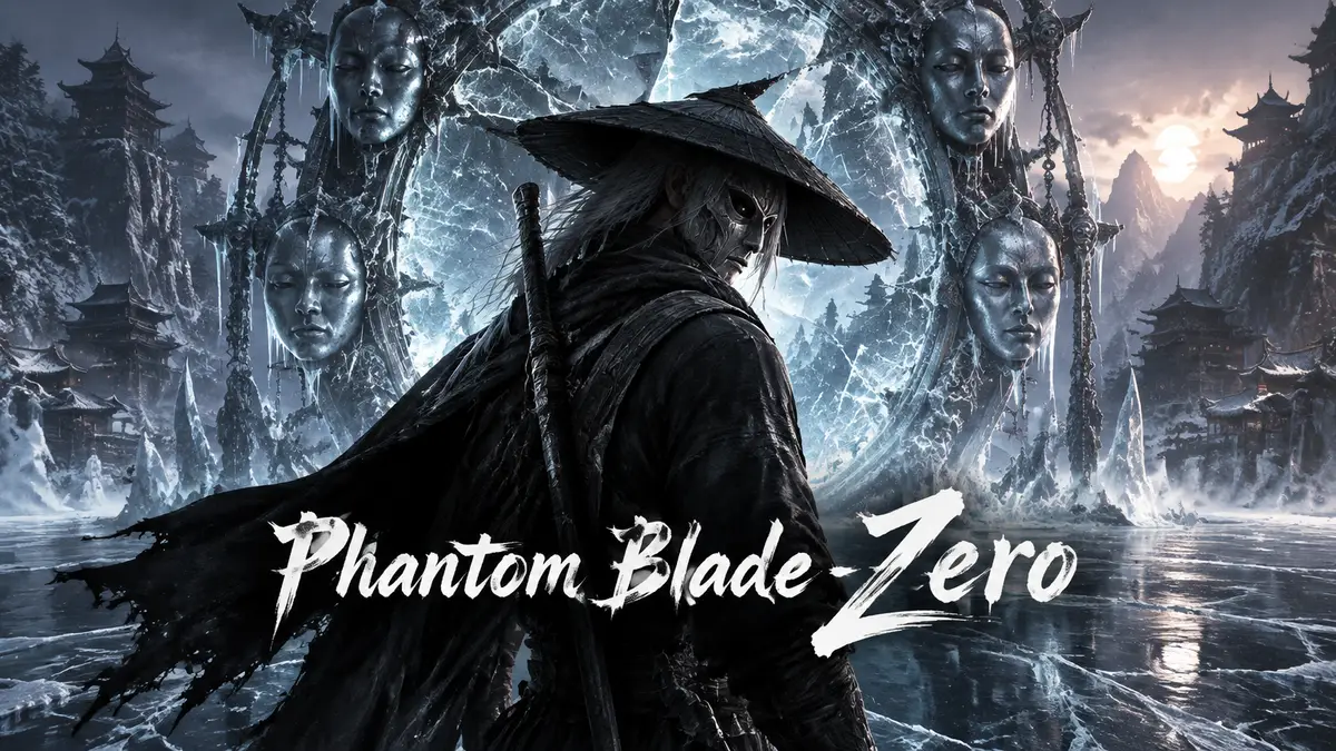 Воин в маске у замёрзшего зеркала посреди ледяного озера Meigu Lake, стиль Phantom Blade Zero