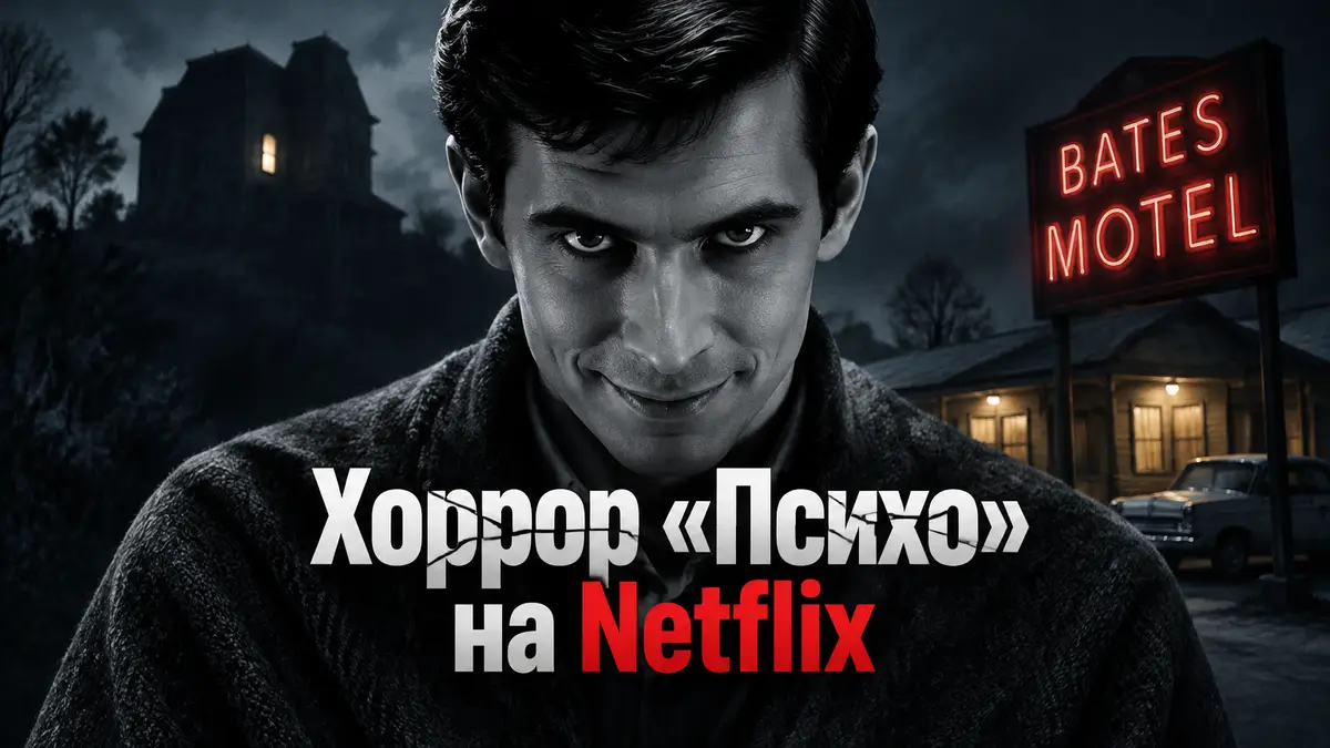 Норман Бэйтс на фоне зловещего мотеля в стилистике триллера Психо