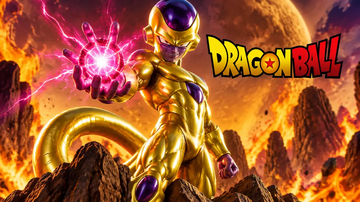 Золотой Фриза из Dragon Ball с розовым энергетическим шаром в руке на скале среди пламени, постер