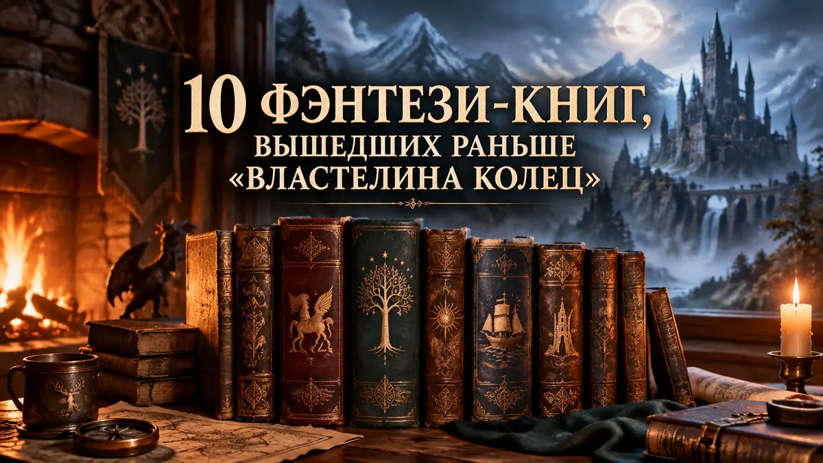 Старинные фэнтези-книги на полке у камина, над ними призрачный замок и горы — предшественники «Властелина колец»