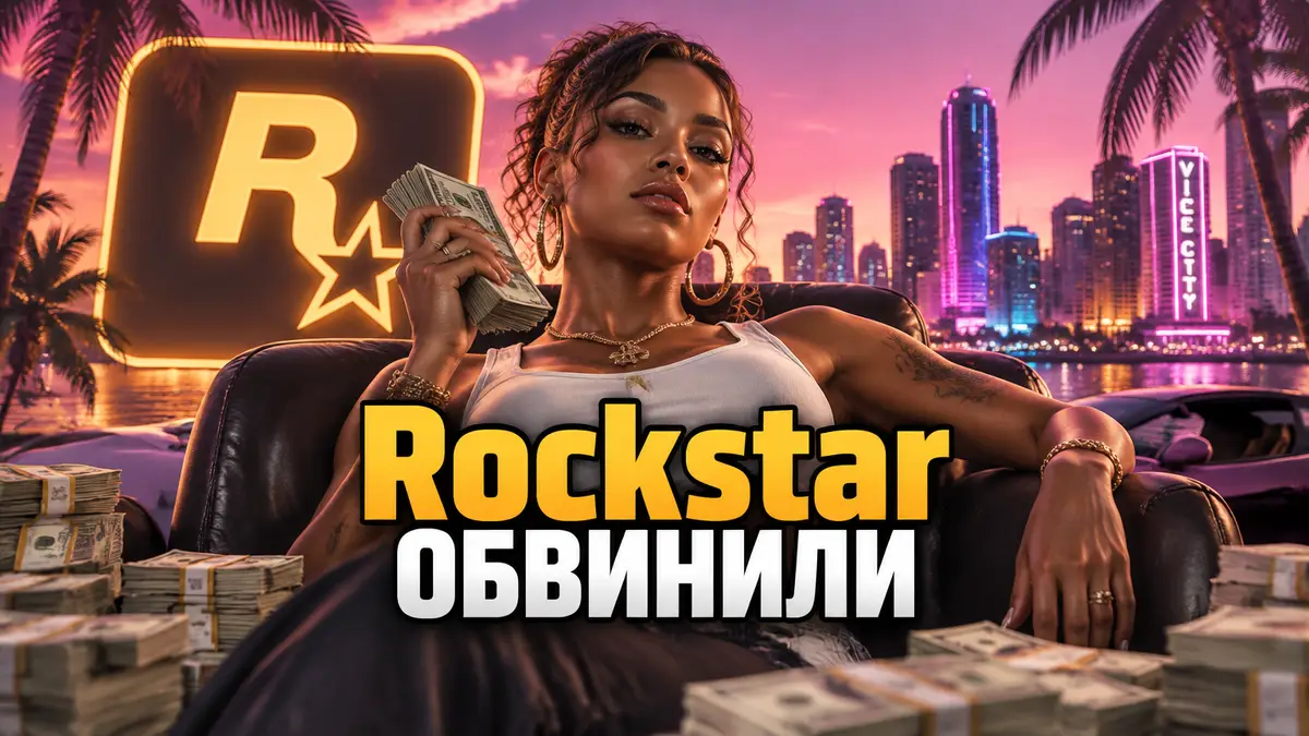 Бубби Айк из GTA 6 сидит в кресле с пачкой денег, на фоне неоновый Вайс-Сити и логотип Rockstar