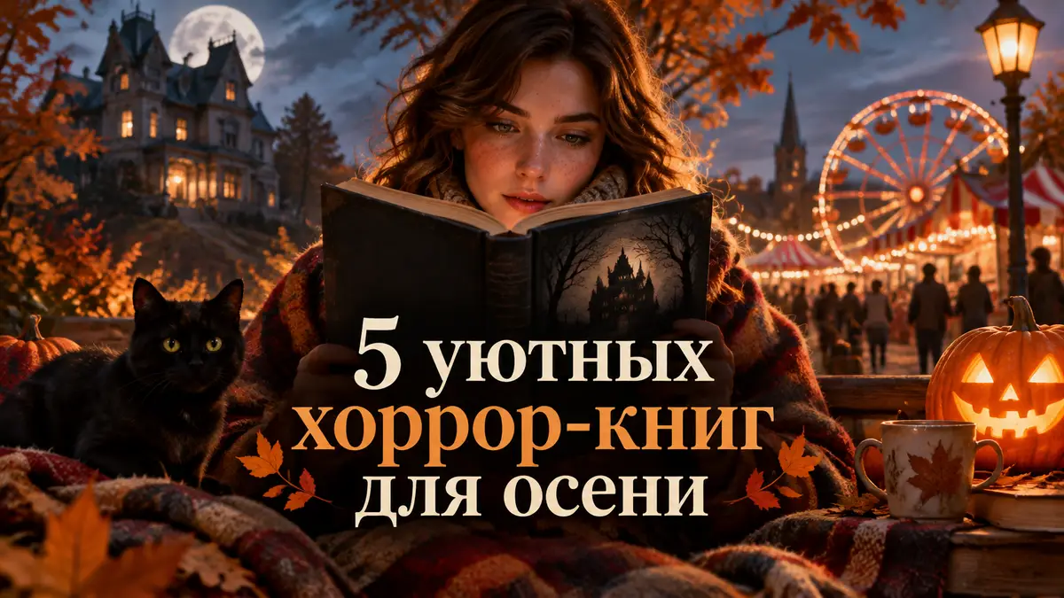 Уютная хоррор-книга в осеннем свете: старый особняк, огни карнавала и тыквы в маленьком городке
