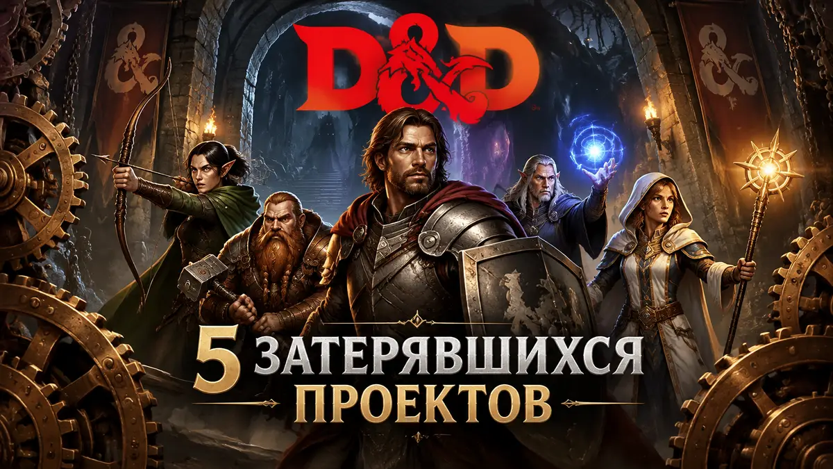 Отряд фэнтезийных героев Dungeons & Dragons у входа в подземелье, логотип D&D и стимпанк-шестерни
