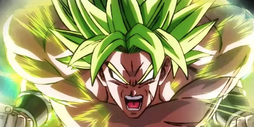 Broly charging up to full power with his mouth open and pupils gone in Dragon Ball Super.