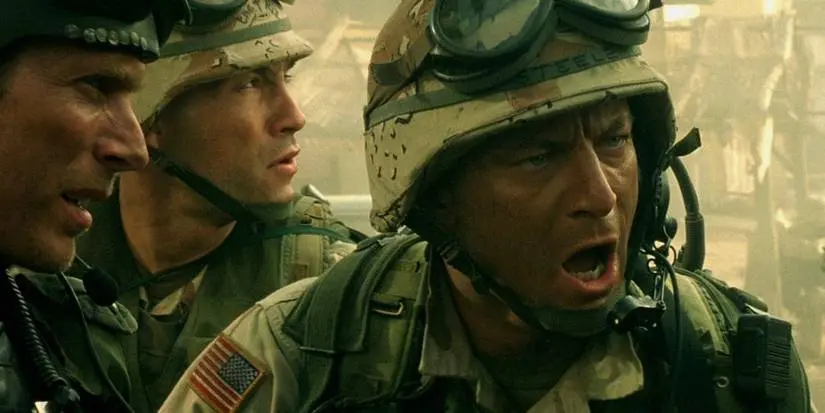 Mike Steele yelling over the sound of gunfire in Black Hawk Down.