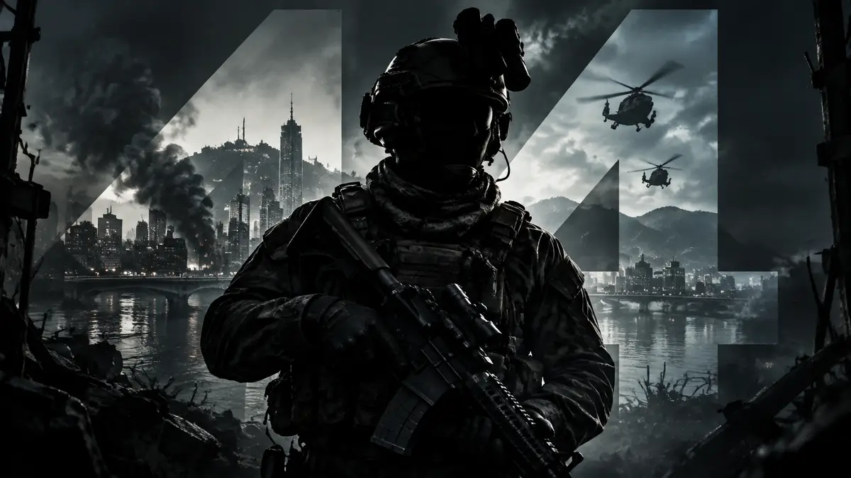 Боец спецназа на фоне постера игры Call of Duty: Modern Warfare 4 в тёмных тонах