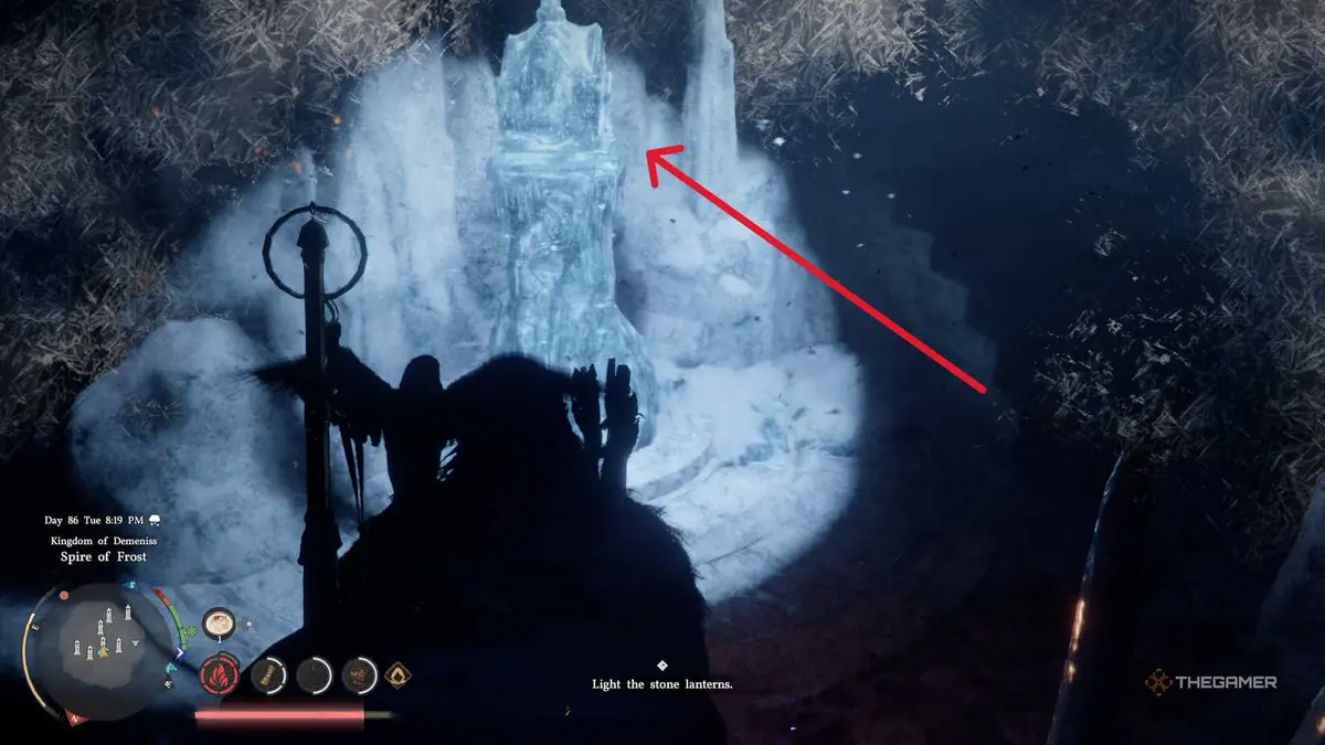 A player solving the Spire of Frost puzzle in Crimson Desert.