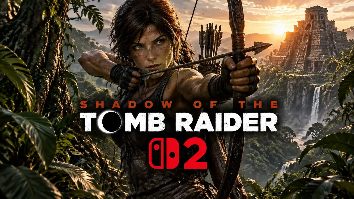 Лара Крофт с луком в джунглях у древнего храма, логотип Shadow of the Tomb Raider для Nintendo Switch 2