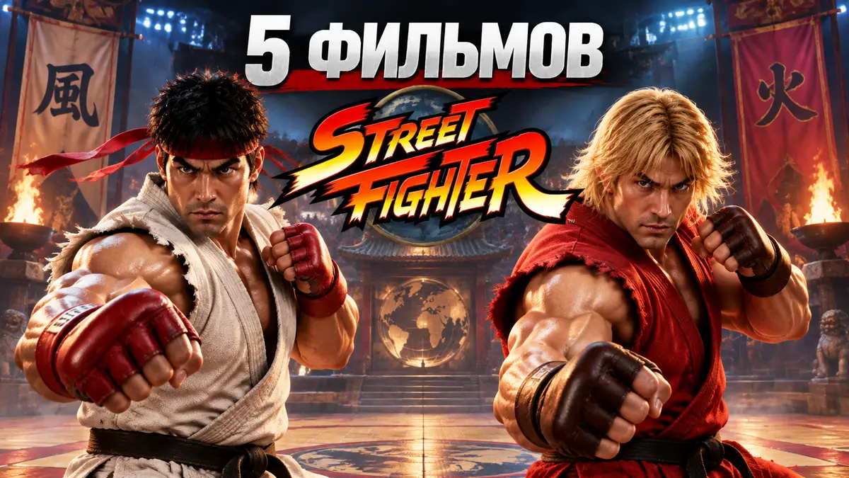 Рю и Кен Мастерс в боевых стойках на турнирной арене, логотип Street Fighter, атмосфера кино о боевых искусствах