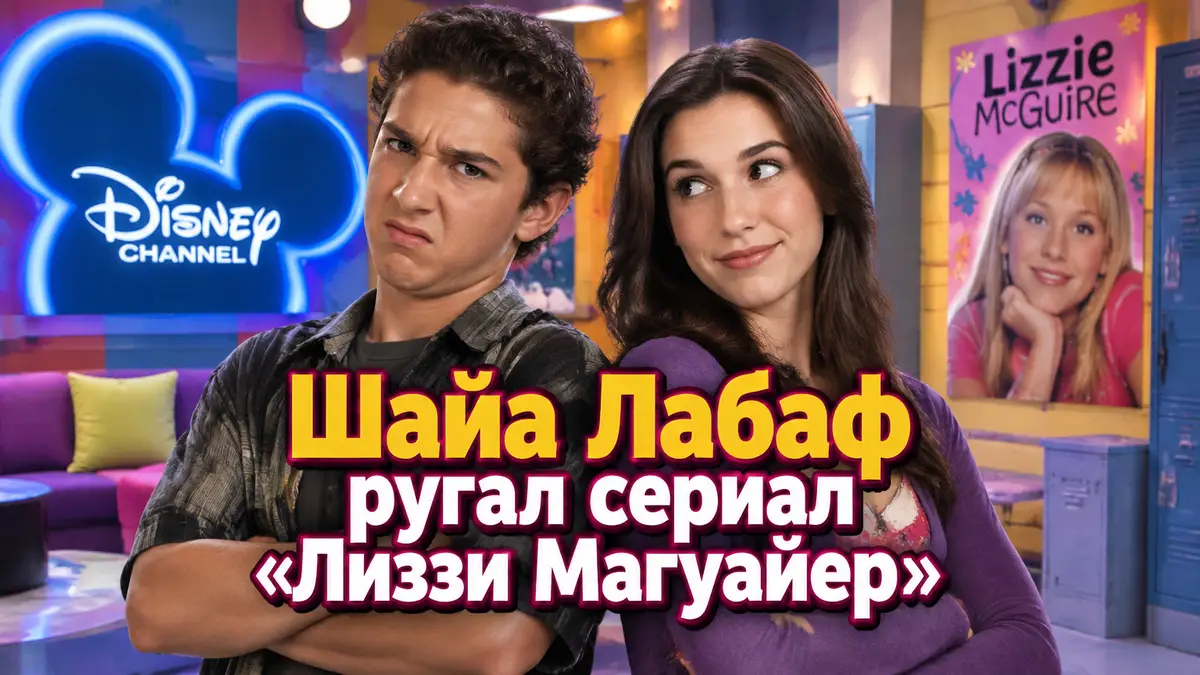 Шайа Лабаф и Кристи Карлсон Романо в юности на фоне яркой студии Disney Channel, постер в стиле ситкома