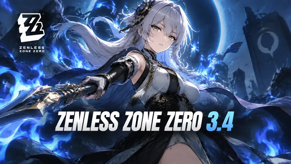 Sunbringer из Zenless Zone Zero с копьём и серебристыми волосами в синем пламени, логотип игры