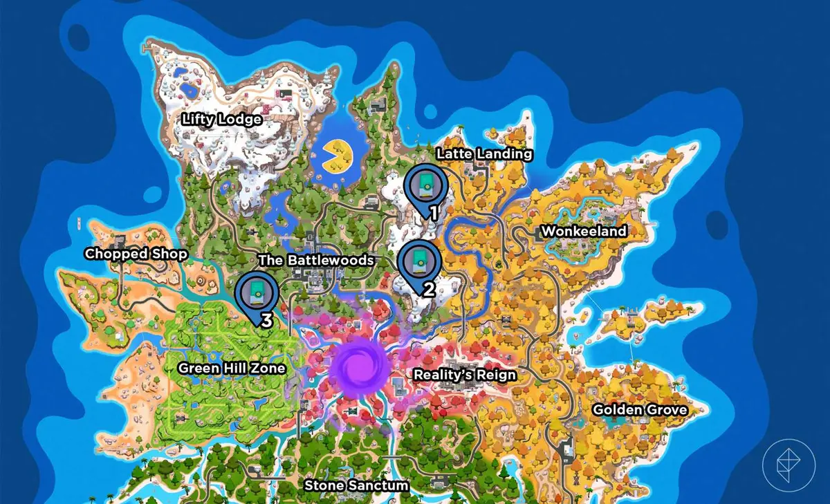 The Fortnite Chapter 7 Season 4 map marked with the locations of three audio logs.