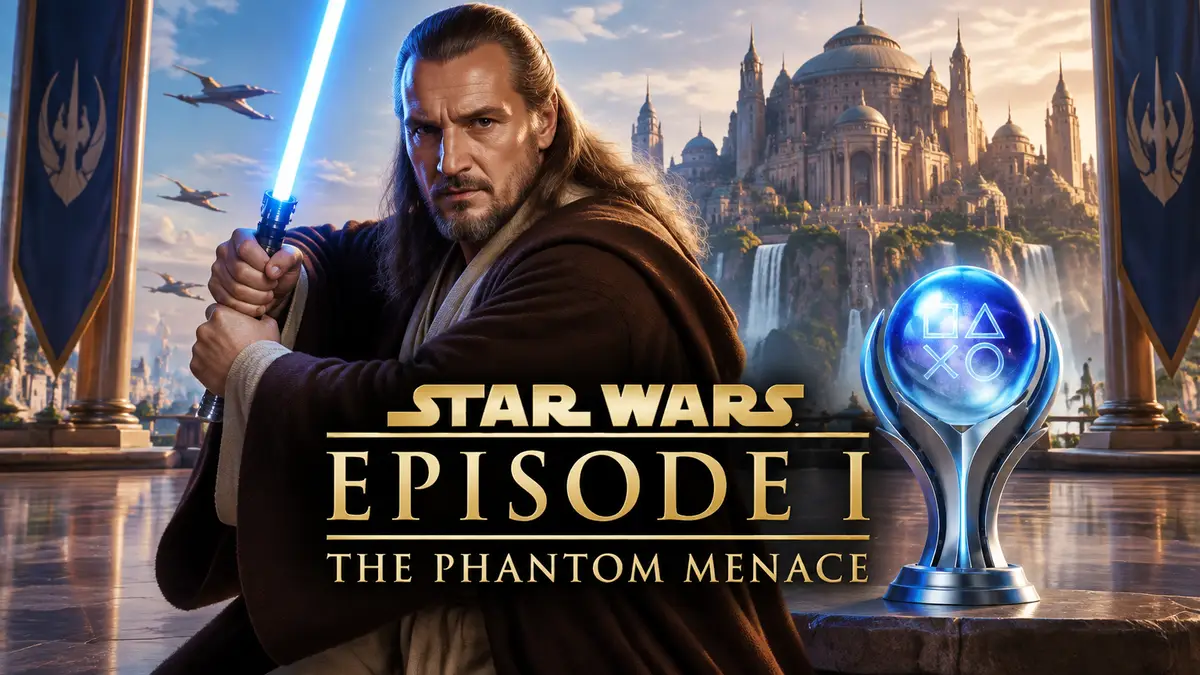 Джедай с синим световым мечом на фоне дворца Тида, логотип Star Wars: Episode I - The Phantom Menace и трофей