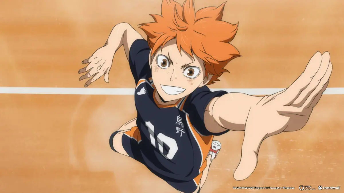 Shoyo jumps to prepare for a strong volleyball serve in Haikyu!!