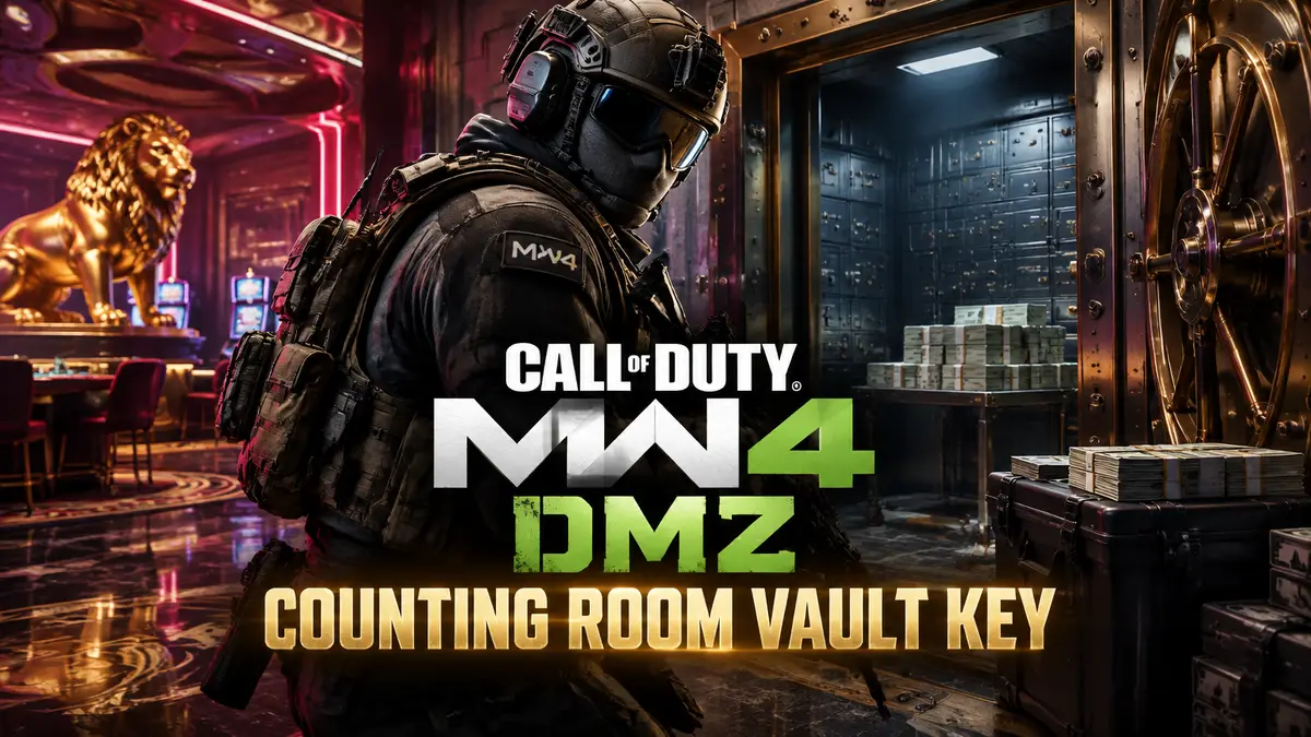 Оперативник Call of Duty MW4 DMZ у открытого хранилища казино с сейфами и пачками денег, неоновые огни