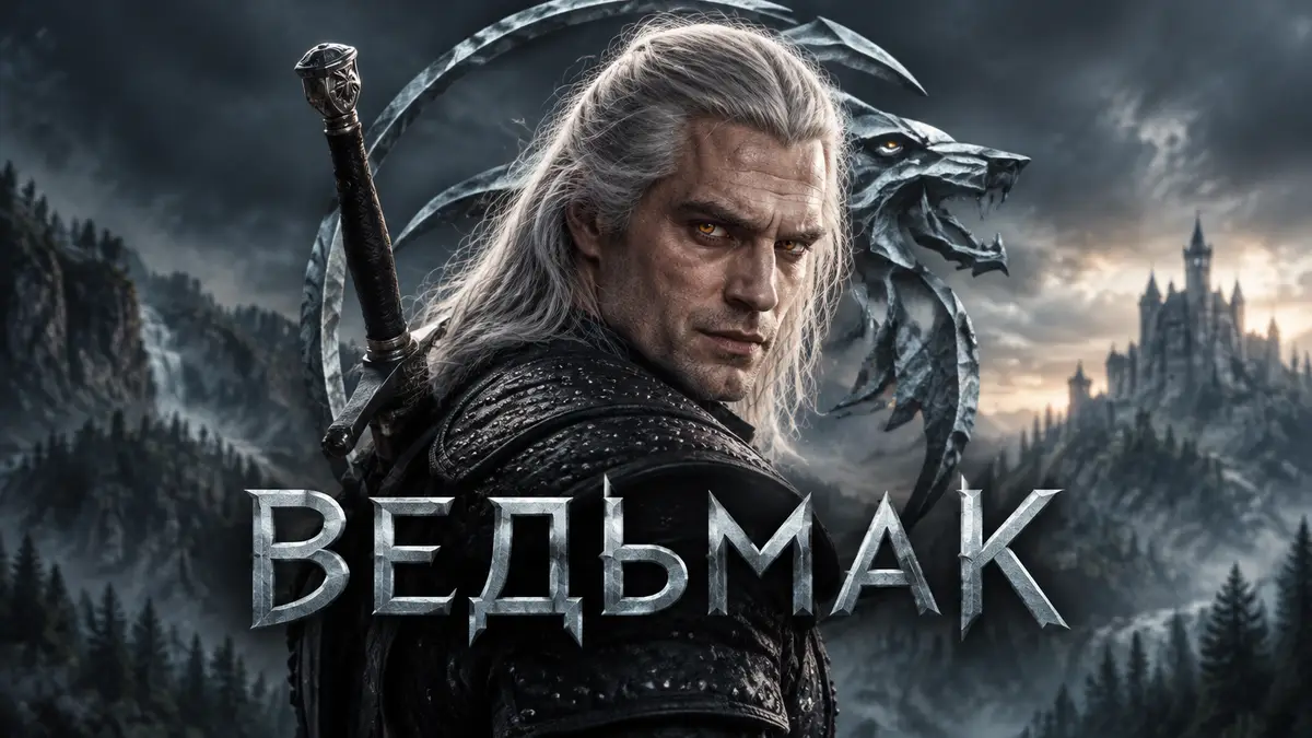 Геральт из Ривии на фоне логотипа сериала Ведьмак от Netflix