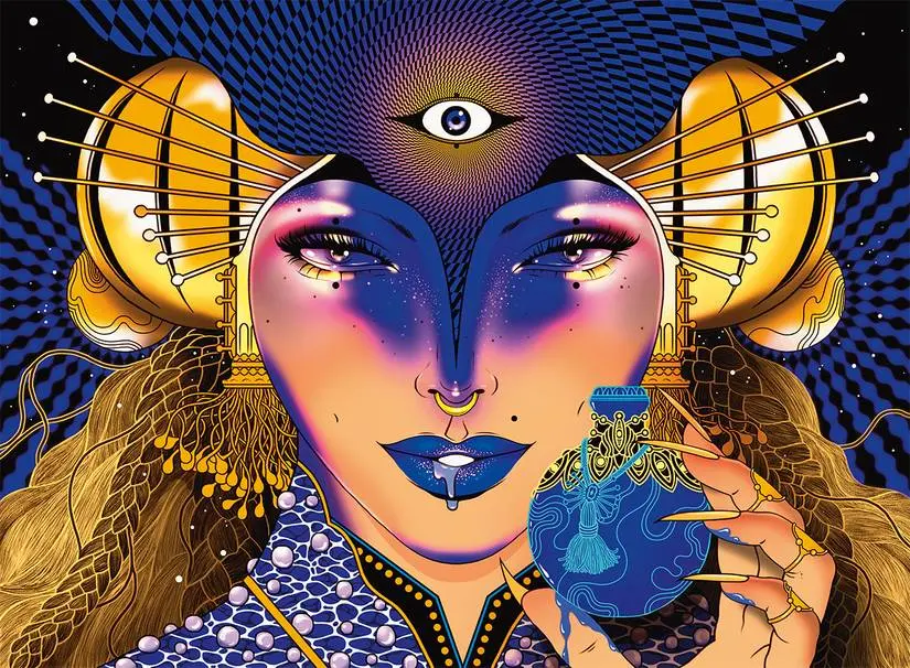A woman wearing an elaborate gold headdress holds up a potion, its remnants dripping from her purple lips.