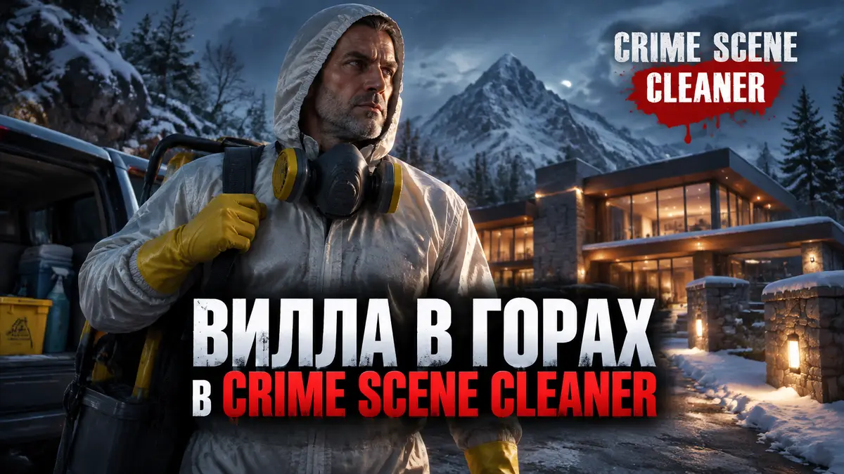 Уборщик Ковальски в защитном костюме у заснеженной виллы в горах, стиль игры Crime Scene Cleaner