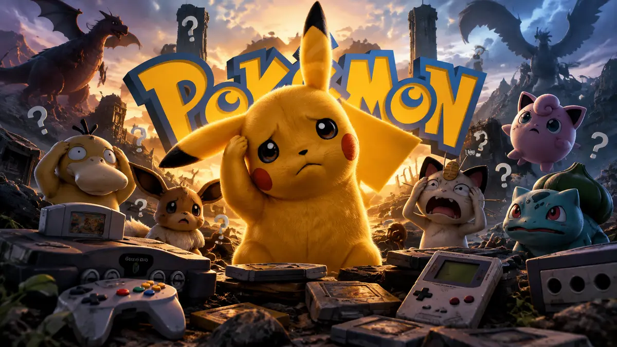 Пикачу в центре на фоне логотипа Pokémon, вокруг растерянные покемоны и старые игровые консоли