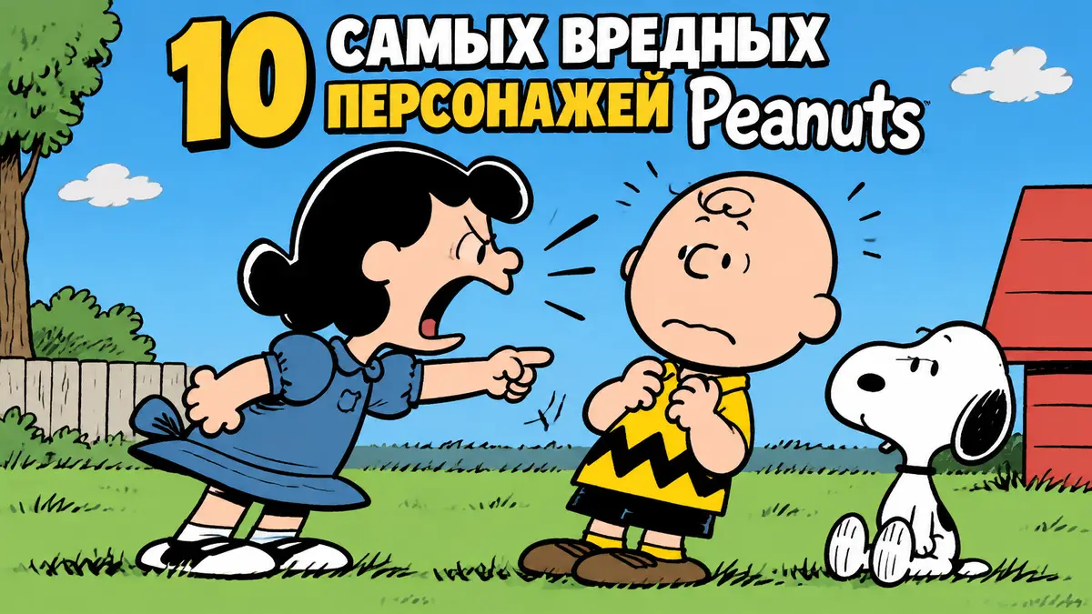 Люси ван Пелт из Peanuts сердито кричит на растерянного Чарли Брауна, рядом Снупи, стиль комикса Шульца