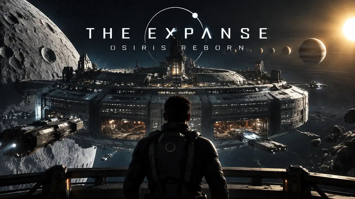 Космическая станция Церера в огнях на фоне Солнечной системы, логотип The Expanse: Osiris Reborn