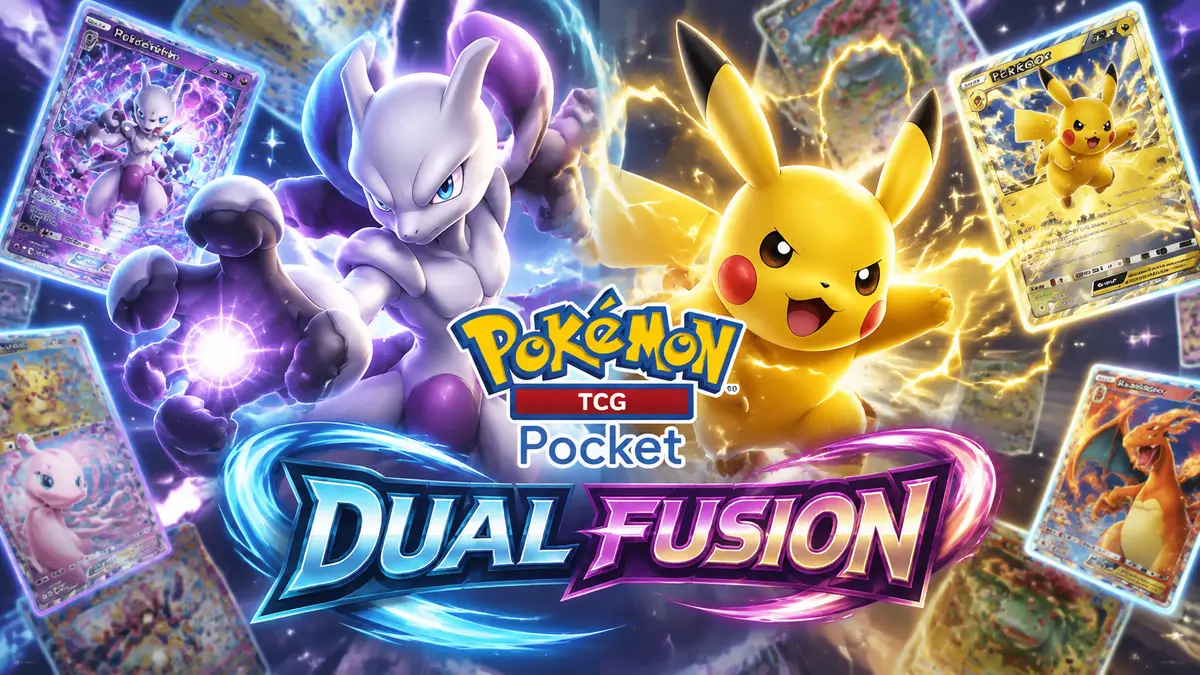 Mega Mewtwo X и Pikachu ex в центре постера Pokémon TCG Pocket Dual Fusion на фоне сияющих карт