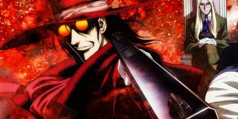 Official artwork of Alucard from Hellsing Ultimate wielding a gun against a red, splotchy background