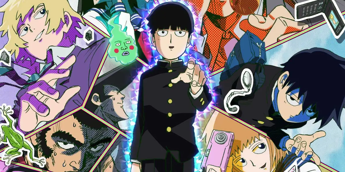 Mob Psycho 100 poster depicting Mob surrounded by images of his friends with a smile and an outstretched hand.