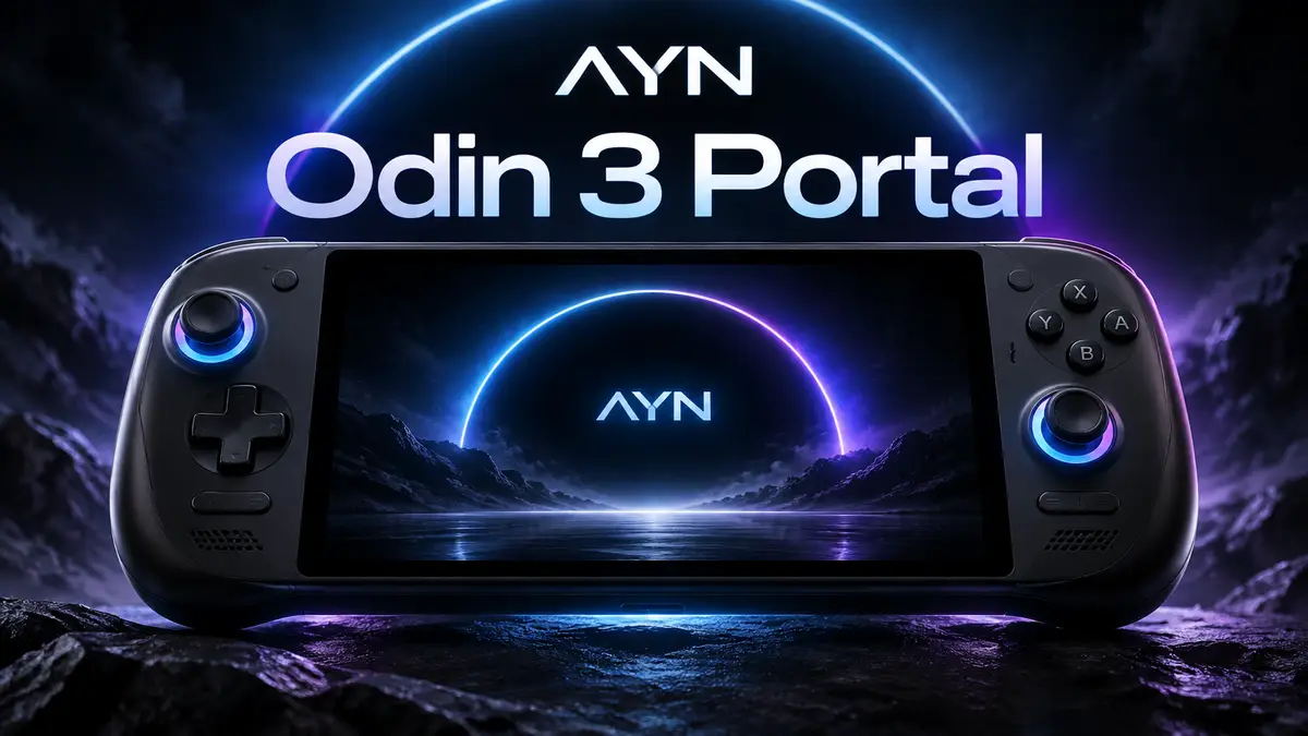 Портативная консоль AYN Odin 3 Portal крупно в центре на тёмном фоне с мягкой неоновой подсветкой и логотипом