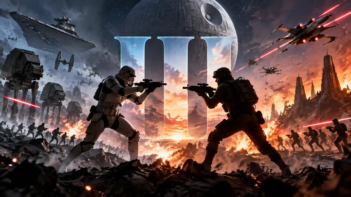 Штурмовик и повстанец на фоне пылающего поля битвы, постер в стиле Star Wars Battlefront 3 с логотипом