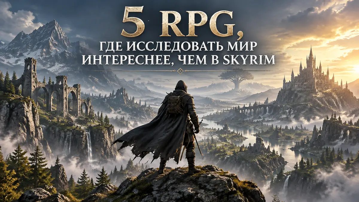 Путник в плаще на скале смотрит на открытый мир RPG с руинами и замком вдали, постер в духе Skyrim