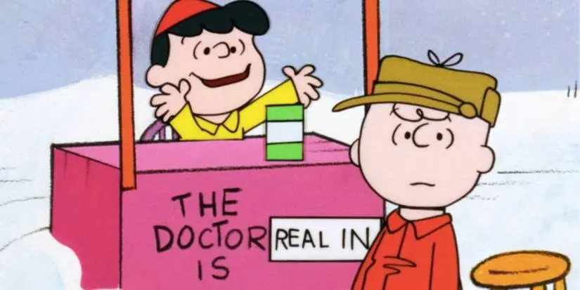 Cropped Lucy talking to Charlie Brown in her Psychiatry Booth