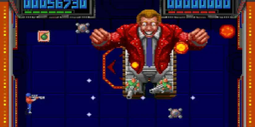 The MC Boss accrues damage in the Super Nintendo's Super Smash TV.