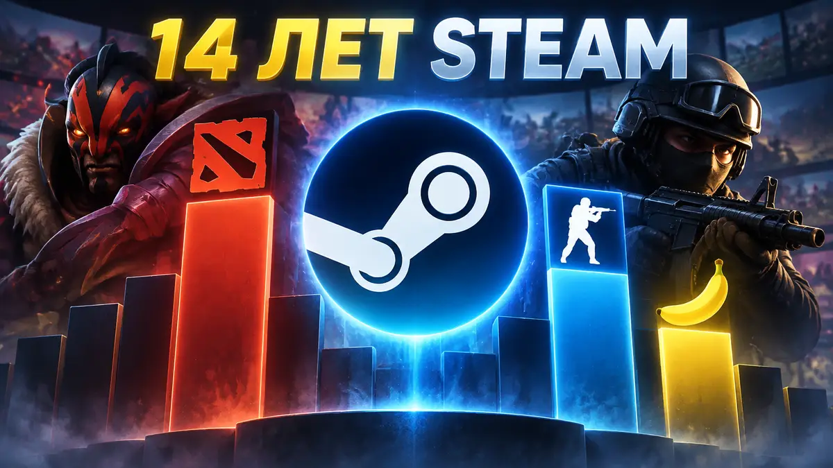 Логотип Steam в центре, вокруг растущие столбцы с символами Dota 2, Counter-Strike и жёлтым бананом