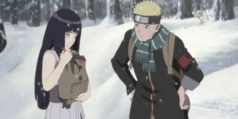 Hinata holding a bag and Naruto with his arms crossed from Naruto The Last Movie.
