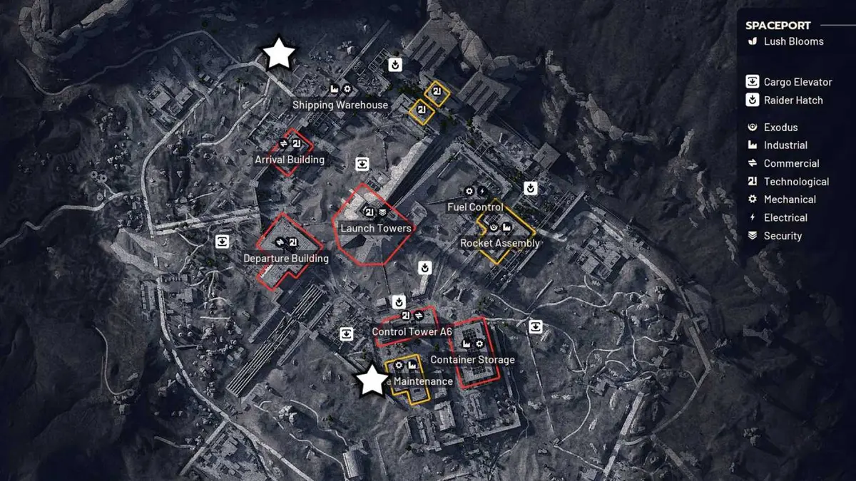 The Spaceport map in Arc Raiders with the location of two Baron Husks indicated with a star icon.