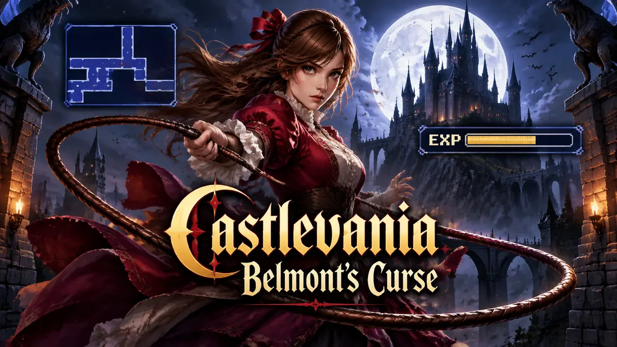 Героиня Rose из Castlevania: Belmont's Curse с хлыстом на фоне готического замка и луны, моды