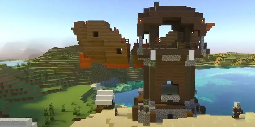 Minecraft crashed ship in Pillager Outpost from "Strange Shipwreck" 1.20 Bedrock world seed