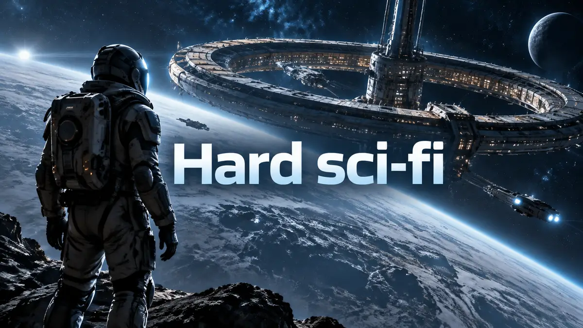 Космический корабль-колония над далёкой планетой в стиле hard sci-fi RPG, холодный неон и звёзды