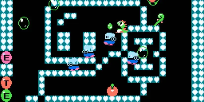Bubble Bobble gameplay in a colorful maze-like level.
