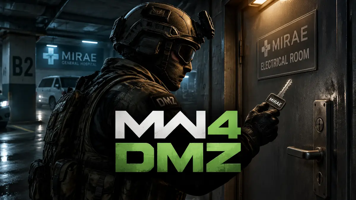 Оперативник Call of Duty с ключом у двери электрощитовой в паркинге госпиталя Mirae, стиль MW4 DMZ