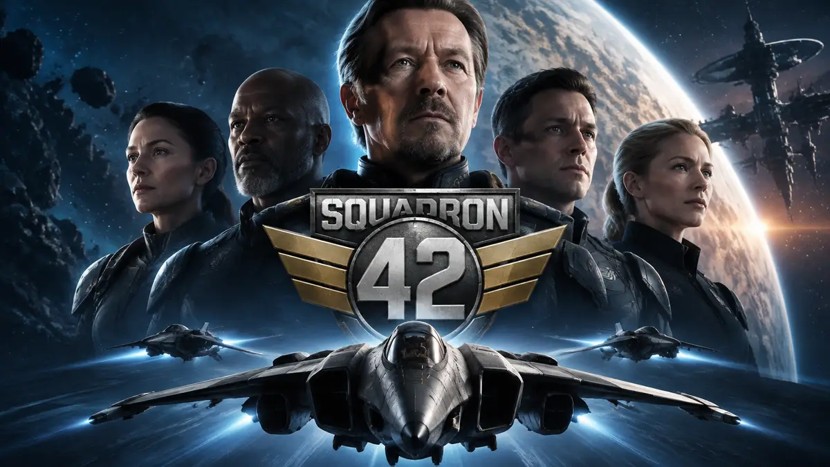 Космический истребитель и главные герои Squadron 42 в стиле космического постера