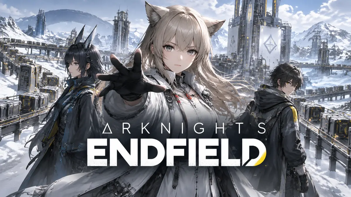 Оперативники Arknights: Endfield на фоне заснеженной фабрики с конвейерами на планете Talos-2