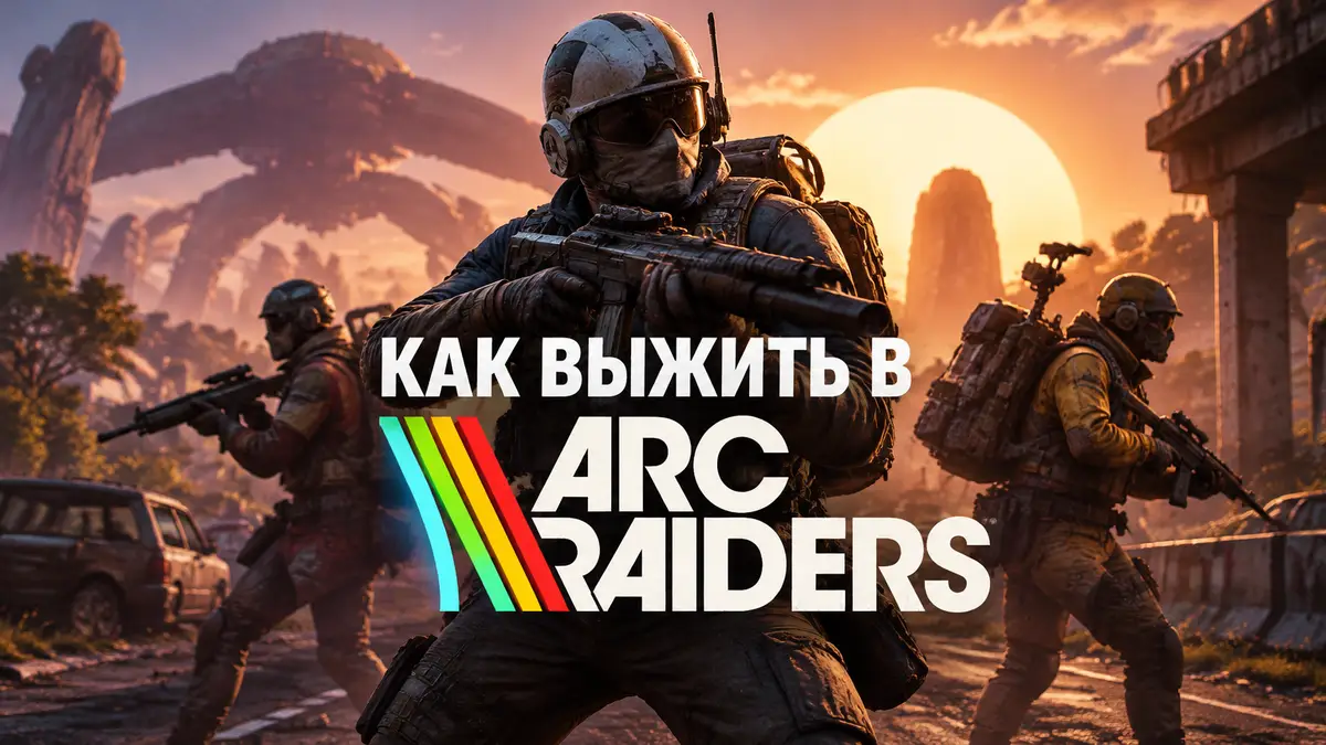 Рейдеры с оружием посреди дороги в стиле постера игры Arc Raiders